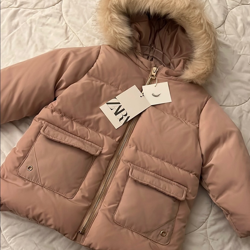 Zara Kids Tan Puffer Jacket with Faux Fur Hood